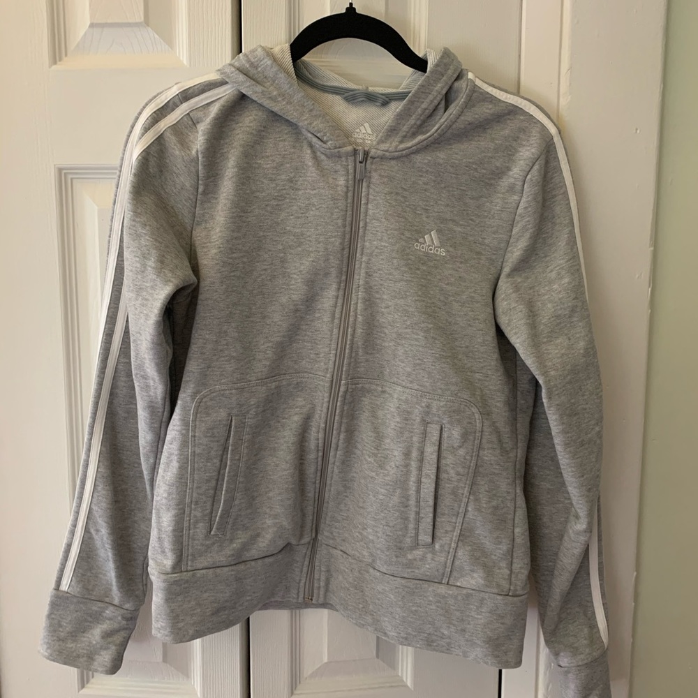Grey and White Adidas zip jacket size M